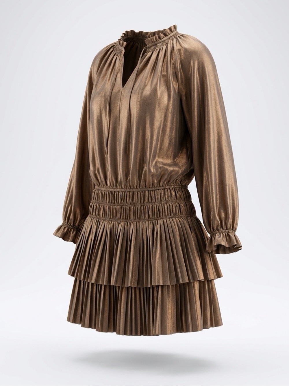 Current Air Metallic Bronze Long Sleeve Smocked Tiered Dress